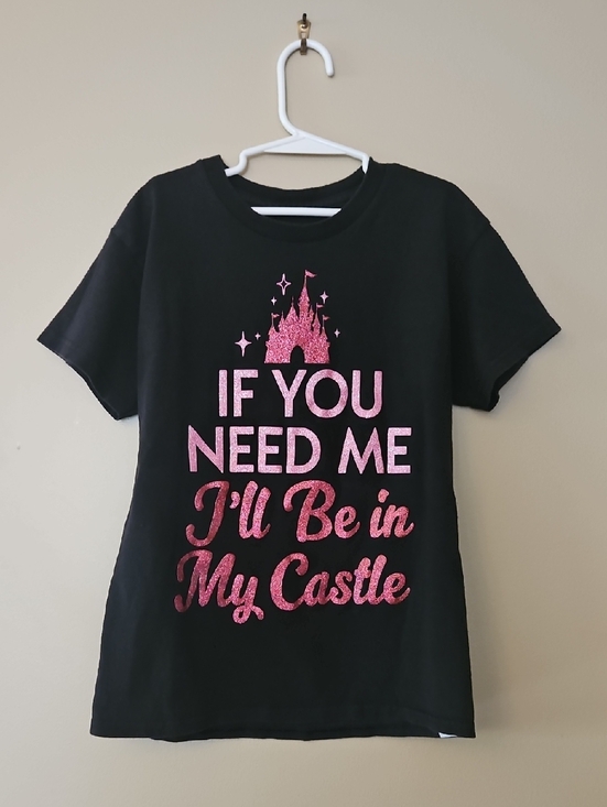 Disney Other - Disney Girls Black Tee with Pink Glitter Castle & Quote